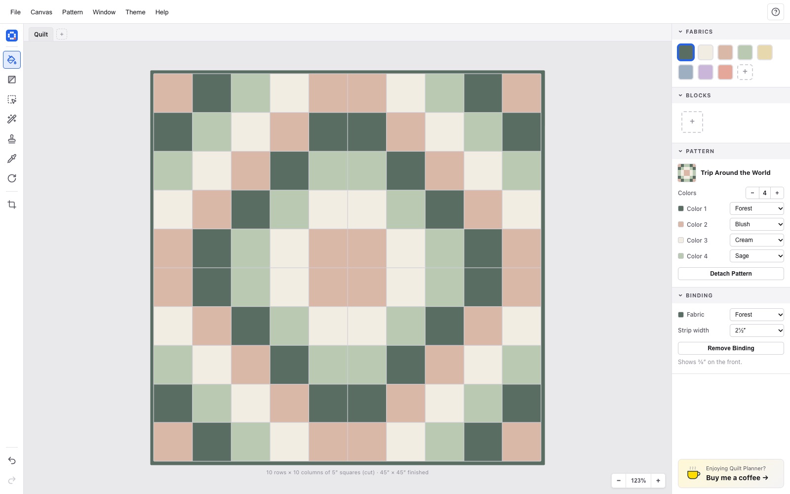 Quilt Planner: a quilt design on a grid, with fabric swatches, blocks, and pattern panels beside it